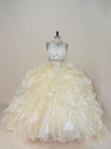 Extravagant Champagne Organza Zipper High-neck Sleeveless Quinceanera Gowns Brush Train Beading and Lace