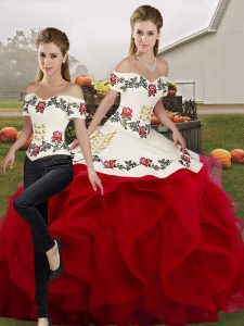 Attractive Floor Length White And Red Quinceanera Gown Tulle Sleeveless Embroidery and Ruffles