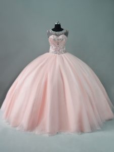 Deluxe Ball Gowns Sweet 16 Dresses Peach Scoop Tulle Sleeveless Floor Length Zipper