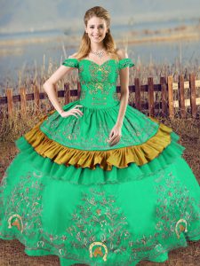 Satin Off The Shoulder Sleeveless Lace Up Embroidery Sweet 16 Dress in Green