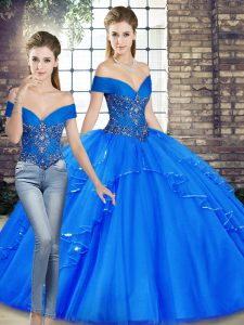 Sleeveless Floor Length Beading and Ruffles Lace Up Quinceanera Dresses with Royal Blue