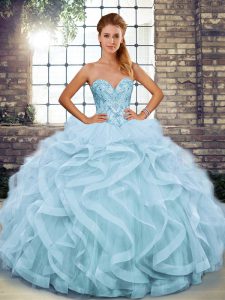 Dazzling Light Blue Ball Gowns Tulle Sweetheart Sleeveless Beading and Ruffles Floor Length Lace Up Quinceanera Dress