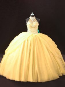 Noble Halter Top Sleeveless Lace Up 15 Quinceanera Dress Gold Tulle