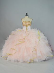 Traditional Peach Sweetheart Neckline Beading and Ruffles Quinceanera Gown Sleeveless Lace Up