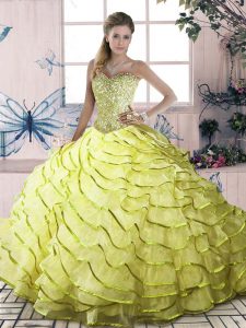 Fashion Sleeveless Brush Train Beading and Ruffled Layers Lace Up 15 Quinceanera Dress