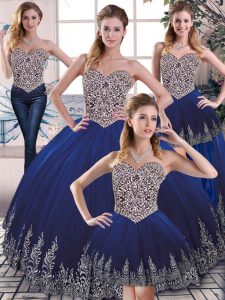Luxurious Royal Blue Ball Gowns Tulle Sweetheart Sleeveless Embroidery Floor Length Lace Up Sweet 16 Dress