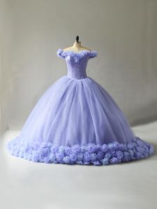 Lavender Off The Shoulder Lace Up Hand Made Flower Sweet 16 Quinceanera Dress Court Train Sleeveless