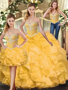 Elegant Sleeveless Floor Length Beading and Ruffles Lace Up 15th Birthday Dress with Gold