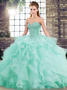 Great Tulle Sweetheart Sleeveless Brush Train Lace Up Beading and Ruffles Quinceanera Gowns in Apple Green
