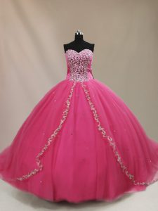 Free and Easy Hot Pink Tulle Lace Up 15th Birthday Dress Sleeveless Court Train Beading