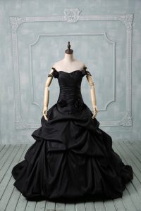 Best Lace Up Sweet 16 Quinceanera Dress Black for Sweet 16 and Quinceanera with Pick Ups and Hand Made Flower Brush Train