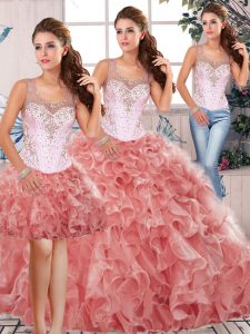 Watermelon Red Clasp Handle Quinceanera Gowns Beading and Ruffles Sleeveless Floor Length