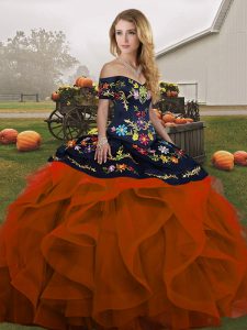 Discount Rust Red Sweet 16 Quinceanera Dress Military Ball and Sweet 16 and Quinceanera with Embroidery and Ruffles Off The Shoulder Sleeveless Lace Up