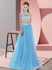 Halter Top Sleeveless Zipper Quinceanera Court of Honor Dress Baby Blue Tulle