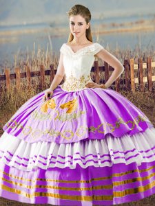 Lilac Ball Gowns Organza V-neck Sleeveless Embroidery and Ruffled Layers Floor Length Lace Up Quinceanera Dresses