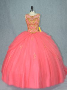 Clearance Watermelon Red Sleeveless Tulle Brush Train Lace Up Sweet 16 Dresses for Sweet 16 and Quinceanera