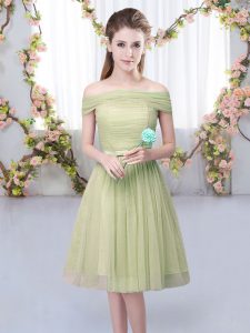 Olive Green Lace Up Quinceanera Court of Honor Dress Belt Short Sleeves Knee Length