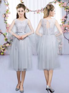 Chic Lace and Belt Dama Dress for Quinceanera Grey Lace Up Sleeveless Tea Length