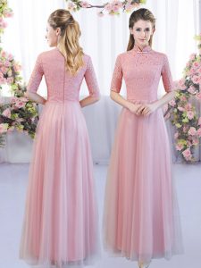 Fabulous Pink Half Sleeves Floor Length Lace Zipper Dama Dress