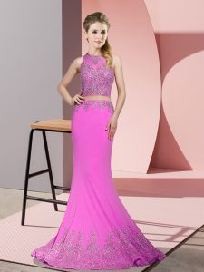 High-neck Sleeveless Sweep Train Zipper Prom Dresses Lilac Satin