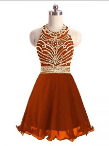 Lovely Rust Red Chiffon Zipper Halter Top Sleeveless Mini Length Dress for Prom Beading