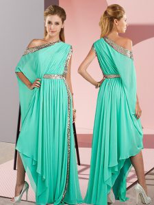 Elegant Turquoise Empire Chiffon One Shoulder Sleeveless Sequins Asymmetrical Side Zipper Prom Party Dress