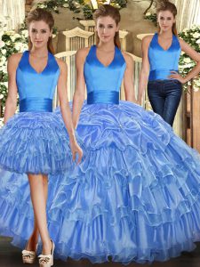 On Sale Baby Blue Ball Gowns Halter Top Sleeveless Floor Length Lace Up Ruffles and Pick Ups 15th Birthday Dress