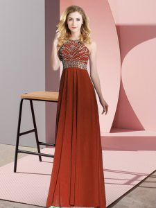 Traditional Rust Red Chiffon Backless Prom Gown Sleeveless Floor Length Beading