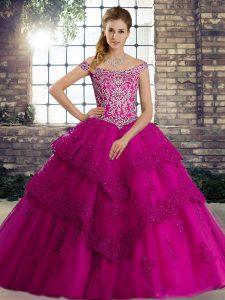Fine Fuchsia Off The Shoulder Lace Up Beading and Lace 15th Birthday Dress Brush Train Sleeveless