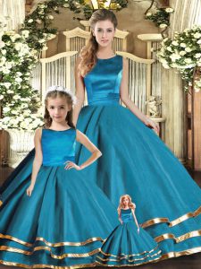Floor Length Teal Quinceanera Gowns Tulle Sleeveless Ruffled Layers