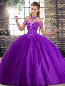 Luxurious Purple Sleeveless Brush Train Beading 15th Birthday Dress