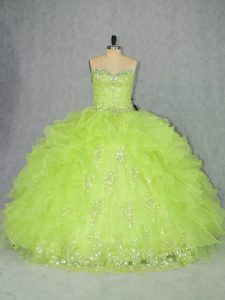 Sophisticated Yellow Green Organza Lace Up Ball Gown Prom Dress Sleeveless Floor Length Beading and Ruffles