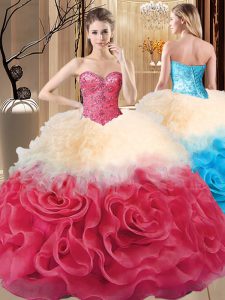 Red Sleeveless Floor Length Beading and Ruffles Lace Up Ball Gown Prom Dress