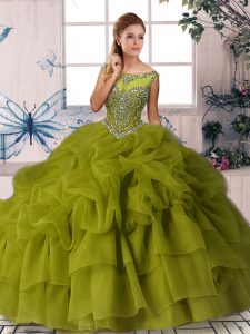 Wonderful Olive Green Sleeveless Organza Brush Train Zipper Quince Ball Gowns for Military Ball and Sweet 16 and Quinceanera
