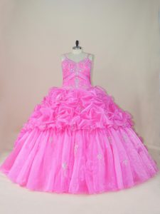High Quality Sleeveless Brush Train Beading and Appliques and Pick Ups Lace Up Quinceanera Gown