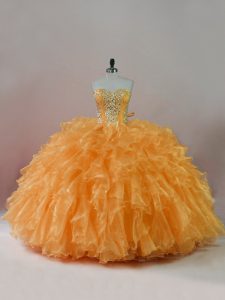 Orange Sleeveless Beading and Ruffles Floor Length Quince Ball Gowns