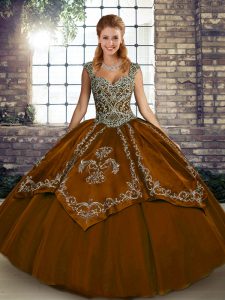 Brown Straps Lace Up Beading and Embroidery Quinceanera Dresses Sleeveless