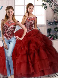 Latest Organza Sleeveless Sweet 16 Dress Brush Train and Beading and Pick Ups