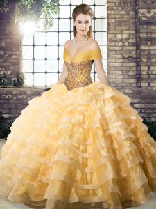 Best Organza Off The Shoulder Sleeveless Brush Train Lace Up Beading and Ruffled Layers Quinceanera Gowns in Gold