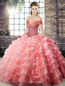 Watermelon Red Quinceanera Gowns Off The Shoulder Sleeveless Brush Train Lace Up