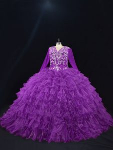 Fine Purple Long Sleeves Organza Lace Up Quinceanera Dresses for Sweet 16 and Quinceanera