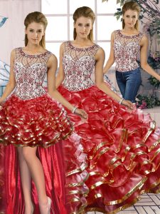 Superior Sleeveless Organza Floor Length Lace Up 15 Quinceanera Dress in Red with Beading and Ruffles