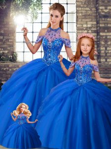 Exquisite Lace Up Sweet 16 Dresses Blue for Military Ball and Sweet 16 and Quinceanera with Beading and Pick Ups Brush Train
