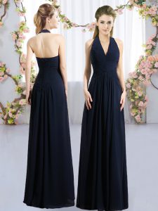 Stylish Navy Blue Empire Halter Top Sleeveless Chiffon Floor Length Lace Up Ruching Court Dresses for Sweet 16