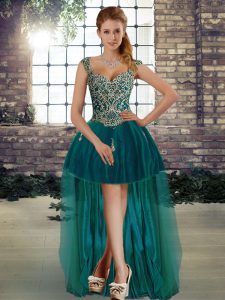 Sleeveless Tulle High Low Lace Up Evening Dress in Dark Green with Beading
