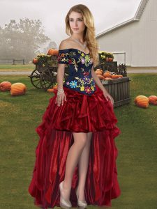 Inexpensive Off The Shoulder Sleeveless Organza Prom Dresses Embroidery and Ruffles Lace Up