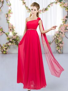 One Shoulder Sleeveless Dama Dress Floor Length Beading and Hand Made Flower Red Chiffon