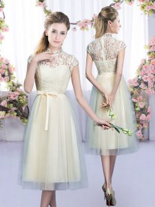 Captivating Tea Length Empire Cap Sleeves Champagne Quinceanera Court Dresses Zipper