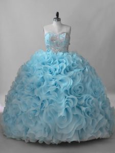 Wonderful Ball Gowns Sleeveless Baby Blue 15th Birthday Dress Brush Train Lace Up