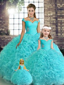 Low Price Aqua Blue Sleeveless Floor Length Beading Lace Up Sweet 16 Dress